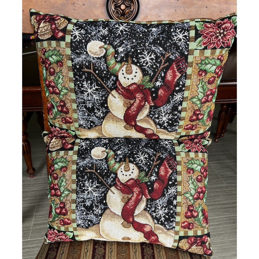 Tapestry Throw Lumbar Pillows Snowman Christmas Holly Poinsettia‎ Bells Set Of 2